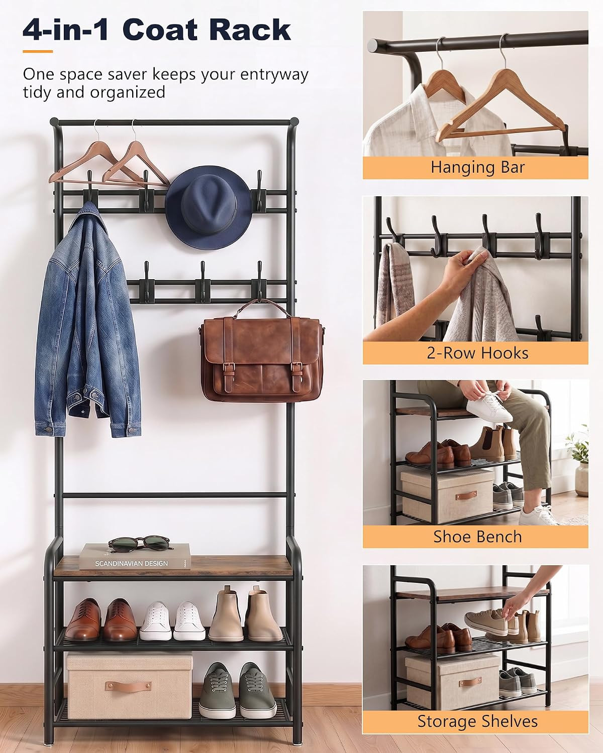 Hall Tree with Shoe Bench, 4-In-1 Entryway Coat Rack | Freestanding Mudroom Orga