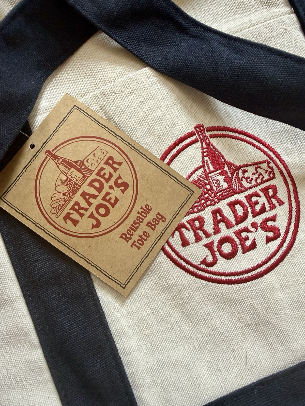 Trader Joe’s Canvas Reusable Tote Bag Beige & Blue 24 in L x 20 in W x 14 in H