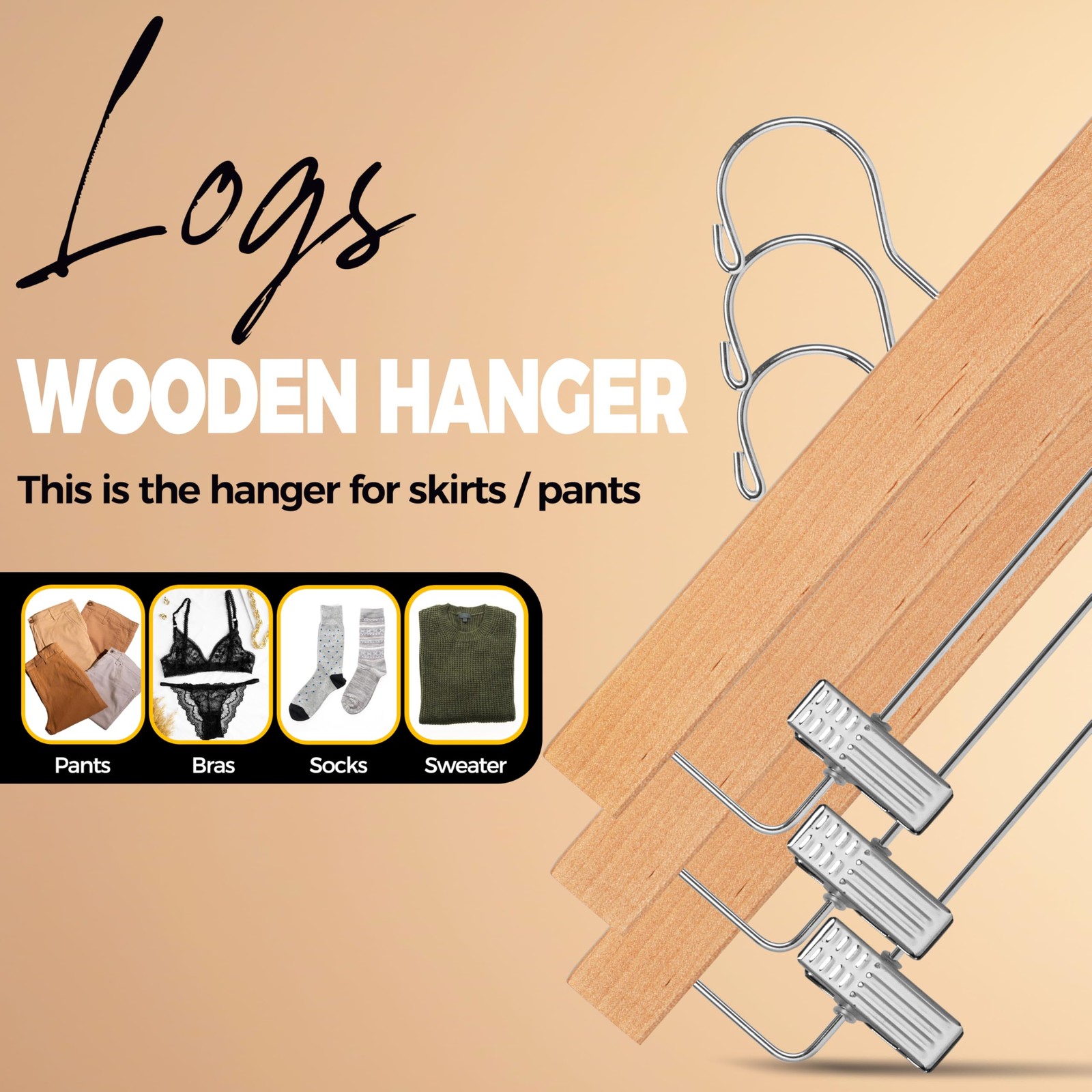 Quality Hangers Wooden Pants 14 inches (L) x 6.5 (H), Natural