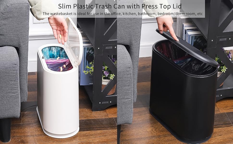 Slim Plastic Bathroom Trash Can With Lid,12L / 2.7 Gallon Pet & Dog Proof