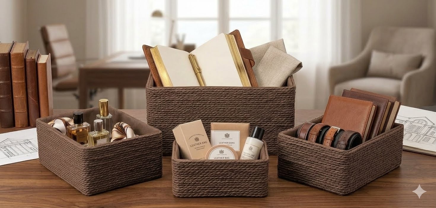 4 Pack Woven Storage Baskets Paper Rope Basket Set Closet Organizer Bins Brown