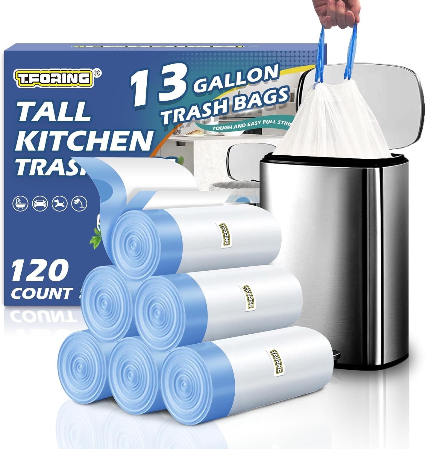 Tear-Free Drawstring Garbage Can Liners, 120ct