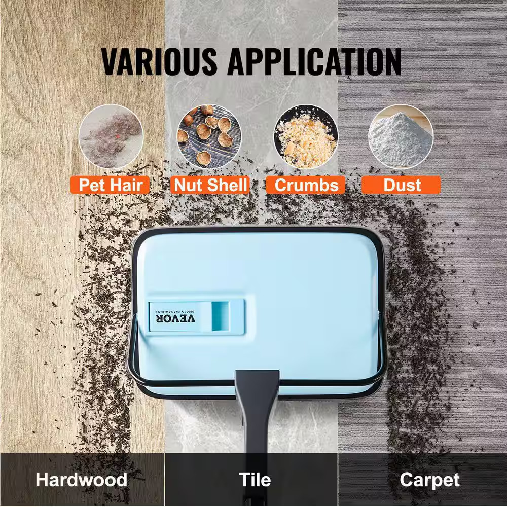 Blue Manual Cordless Carpet Sweeper-Pet Hair/Dust Cleaning Home Office