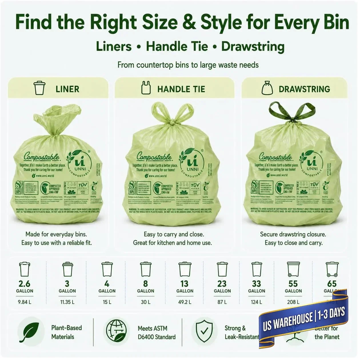 Compostable Trash Bags, 2.6 Gallon / 9.84 Liter, 100 Count, Extra Thick 0.7