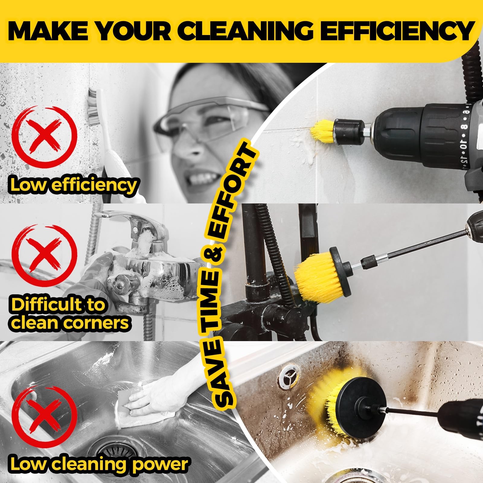 4 Pack Drill Brush Attachment Set Power Scrubber Extension Bathtub Tile Cleaning