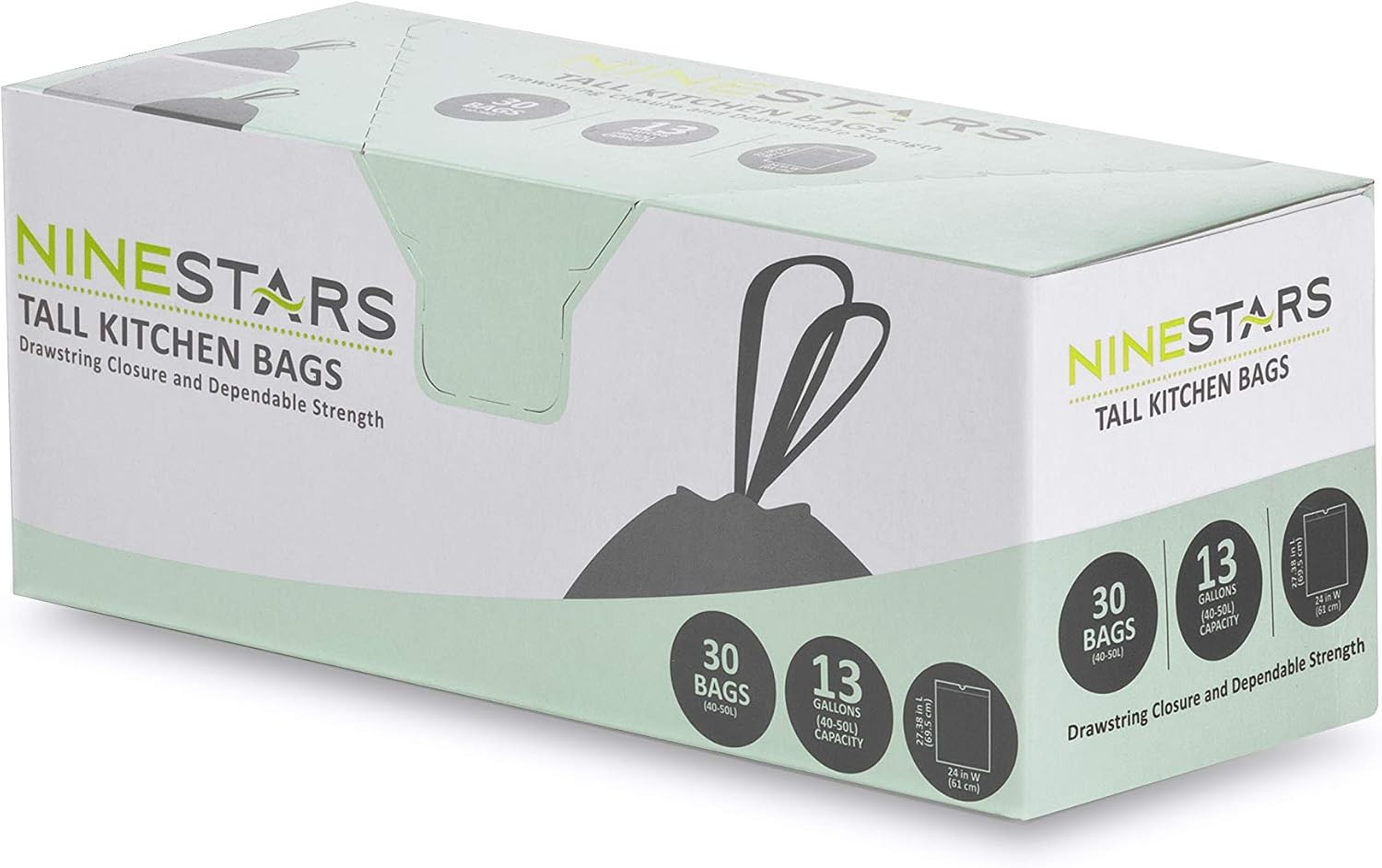 NINESTARS NSTB-13-30 Extra Strong White Trash Bag w/Drawstring Closure, 13 Gal.