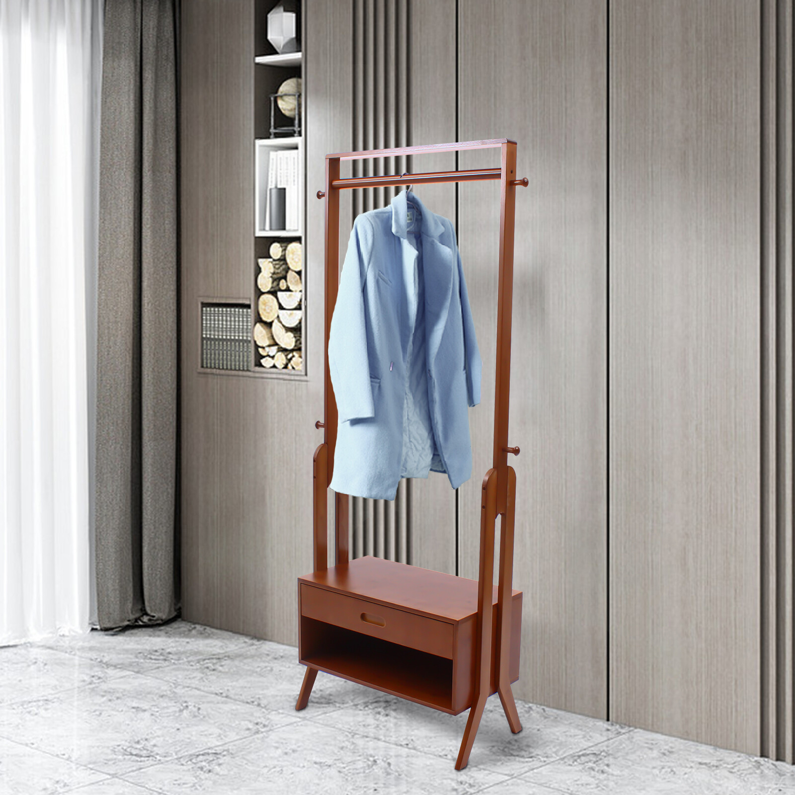Bamboo Clothing Rack With Storage Drawer, Garment Rack Clothes Racks For Hanging