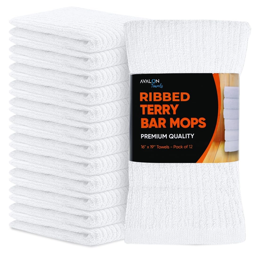 Ribbed Bar Mop Towels 16×19 (Pack of 12) Absorbent and Durable White Bar Towe…