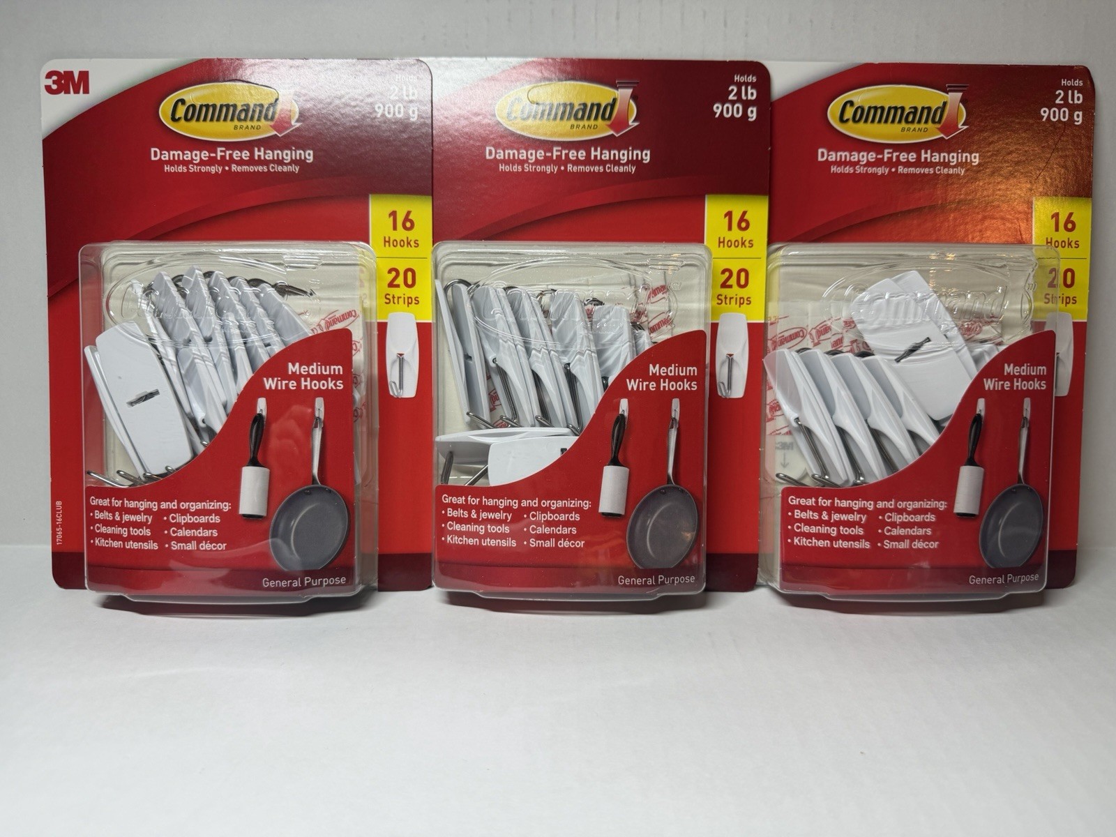 New Command Medium Wire Hooks – 16 Hooks, 20 Strips – Lot of 3 Packs – White