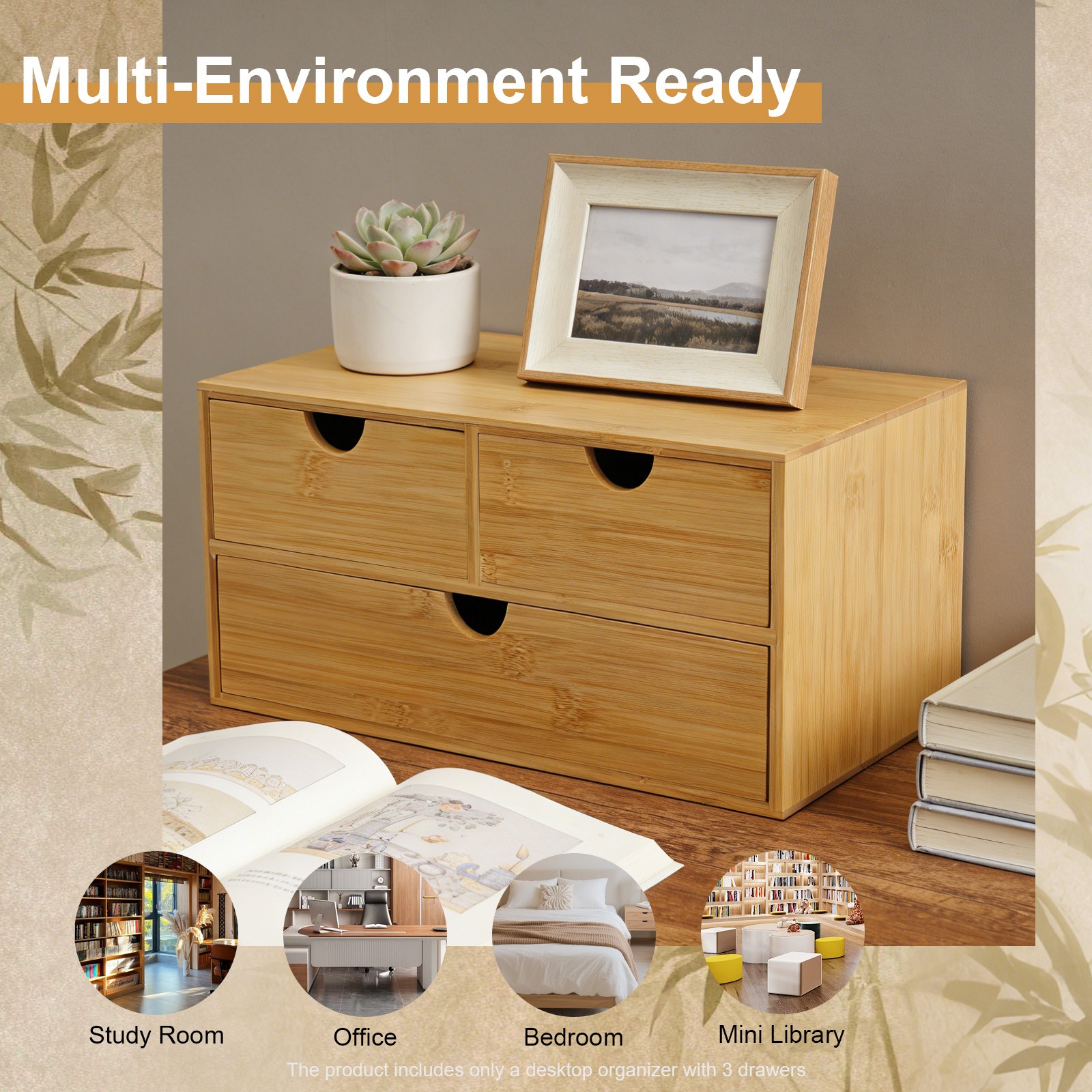 Bamboo Desk Organizer with 3 Drawers, Tabletop Storage Box No Assembly Required