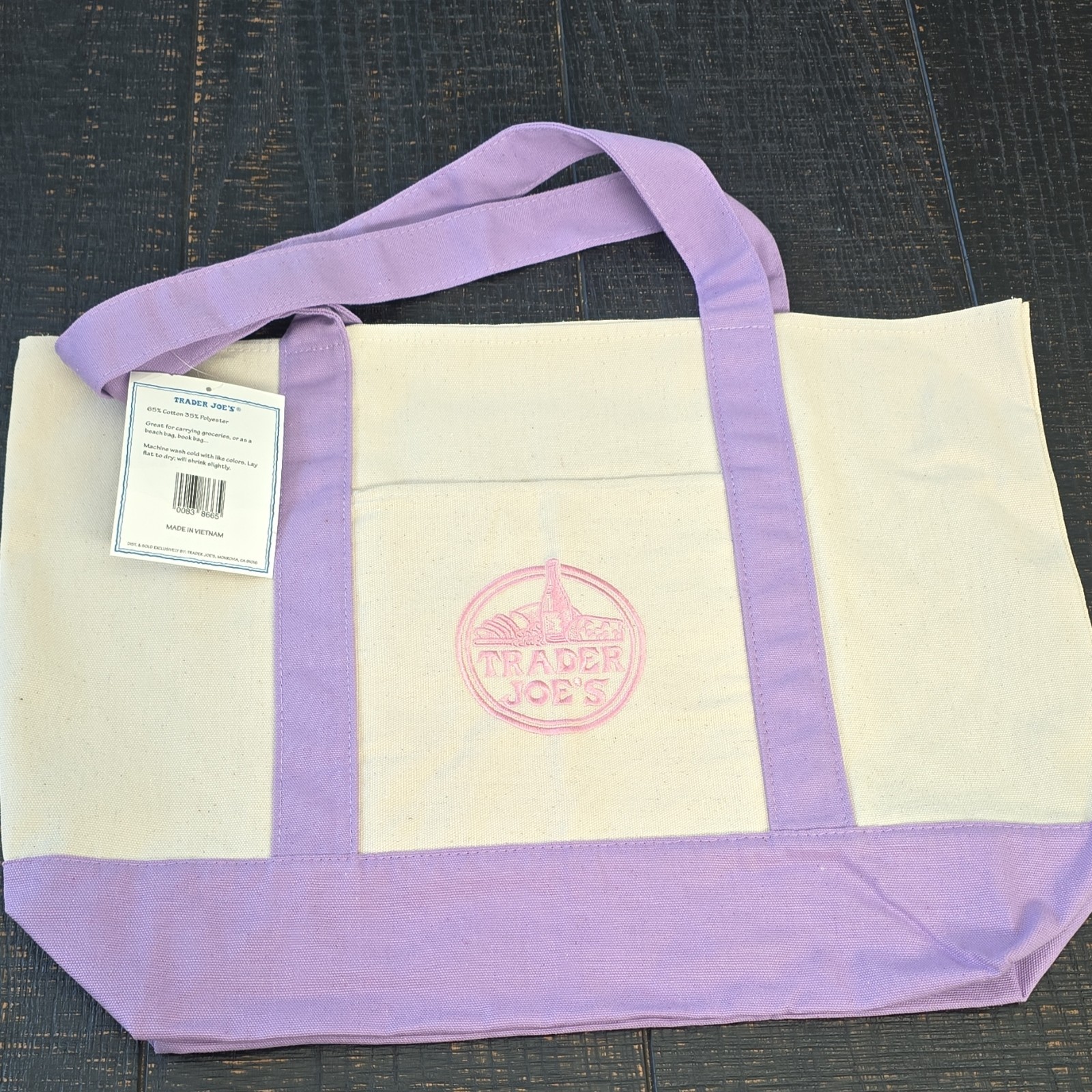 Trader Joe’s Foldable Reusable Shopping Bag Beige Purple Pink Cotton Polyester