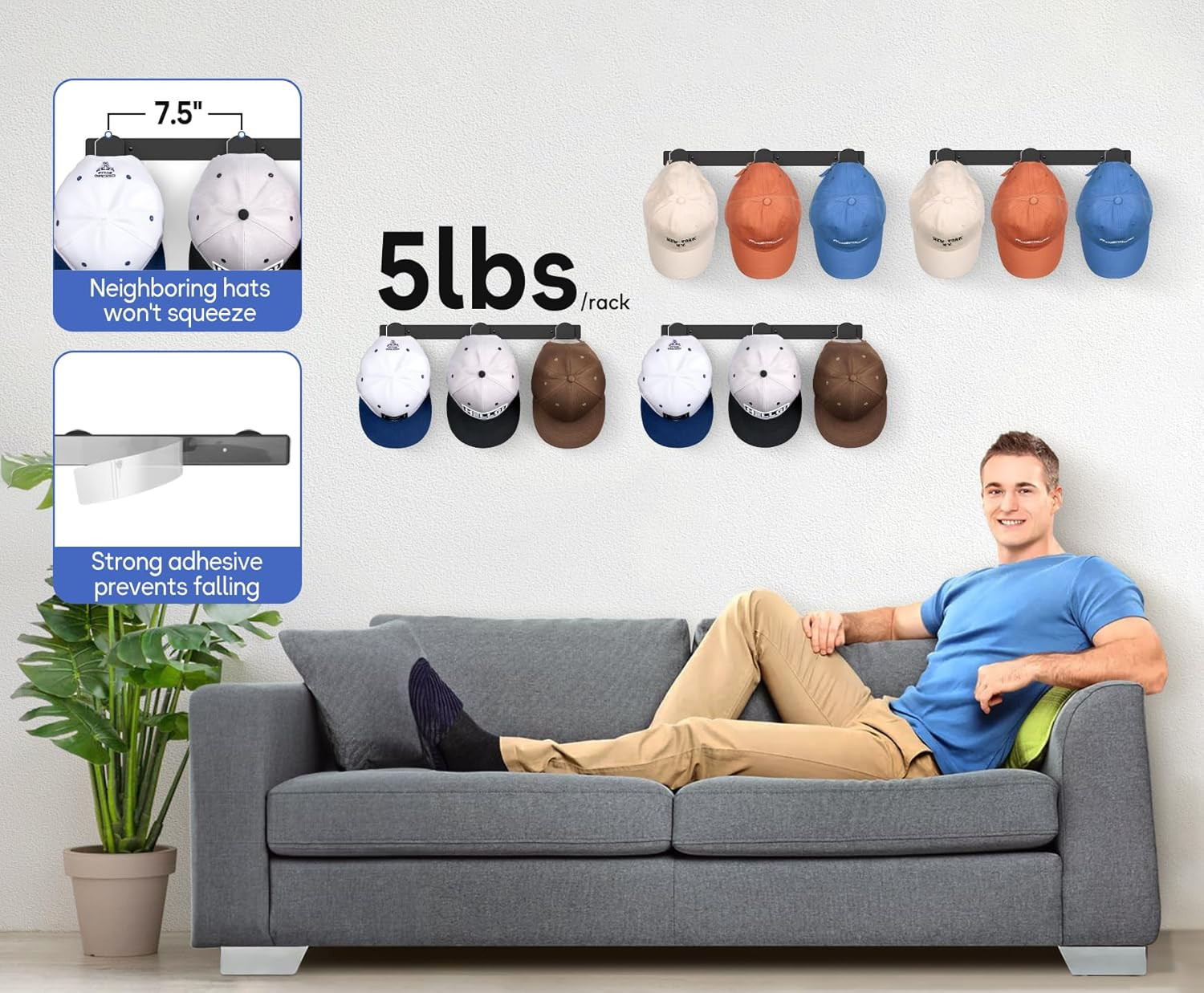 4 Packs Hat Rack for Wall, Hat Organizer for Baseball Caps Holds 36 Hats