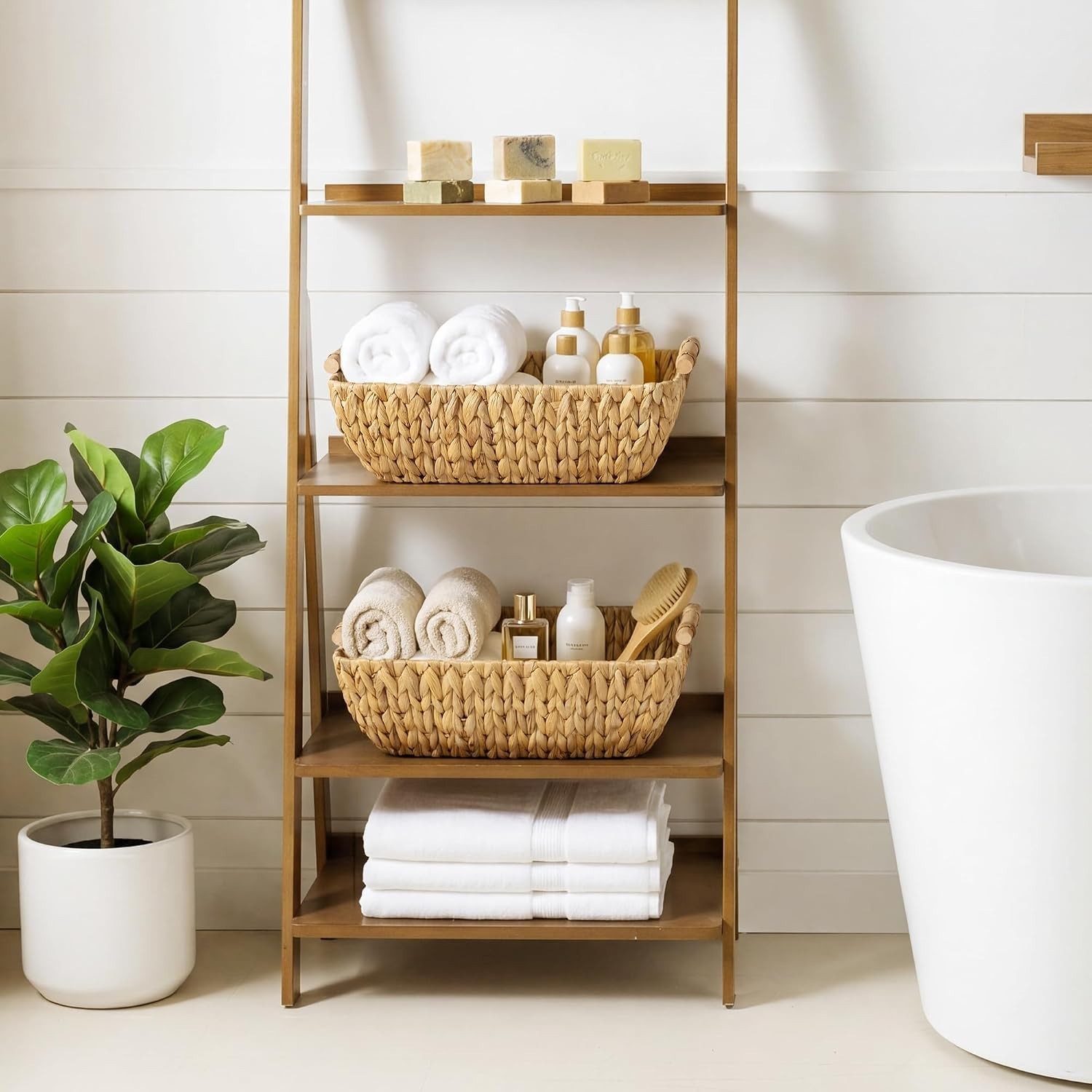 Water Hyacinth Storage Baskets, Wooden Handles, 2 Pack