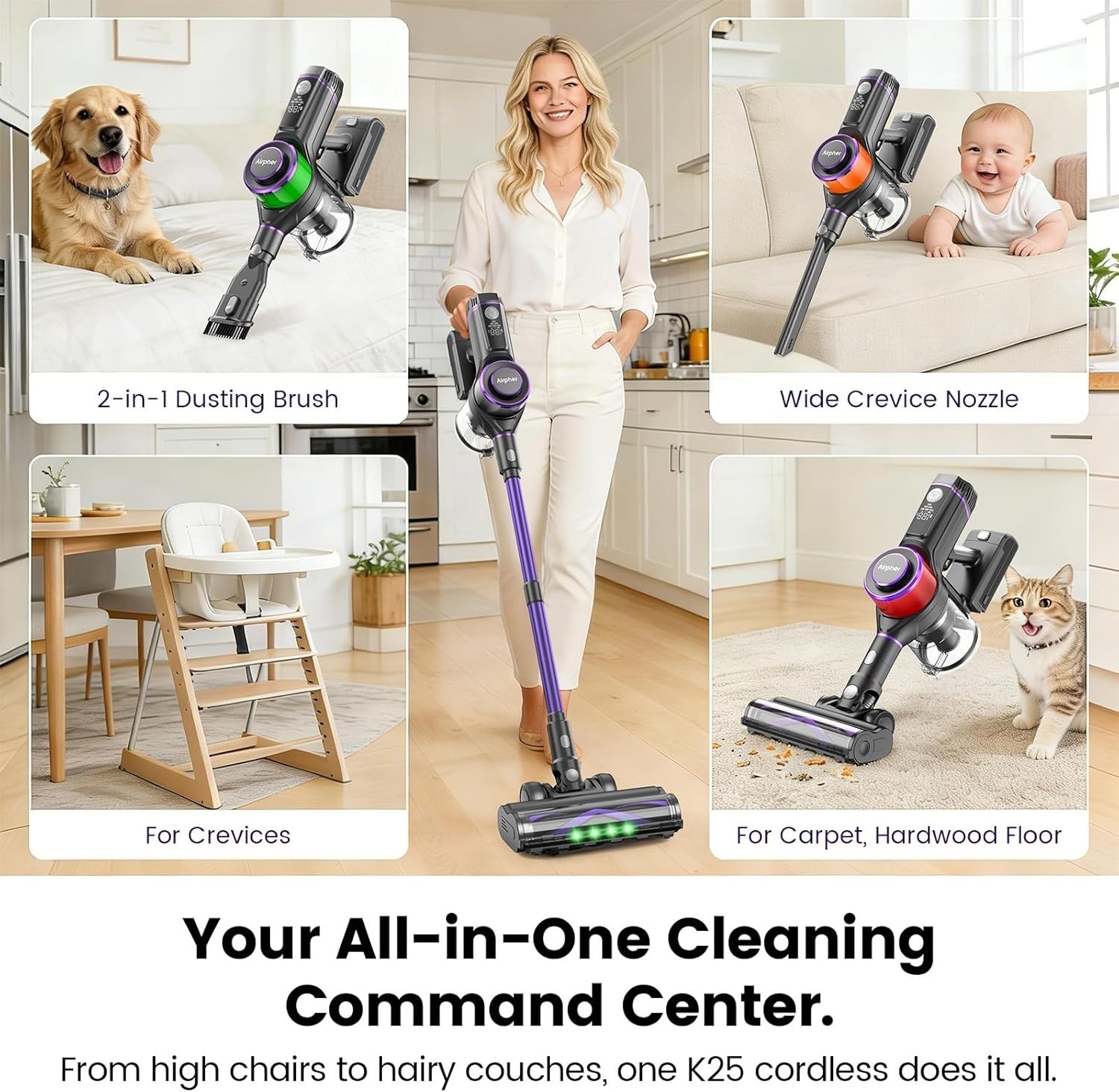 Cordless Vacuum Cleaner,75Min Runtime,600W 65KPA Dual Motor Pet Hair Vacuum