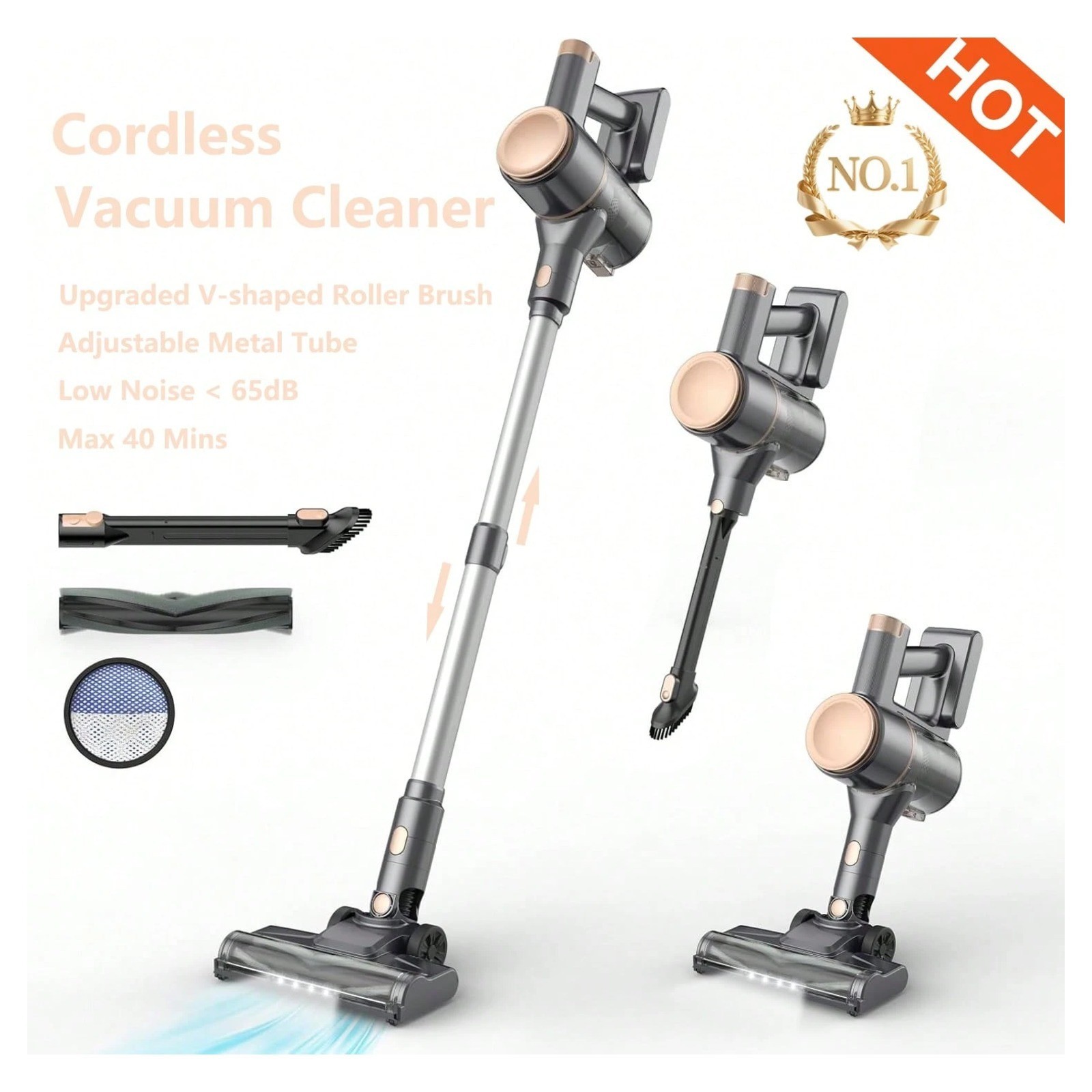New Cordless Stick Vacuum 40-Min Runtime Self-Standing Gold 110V
