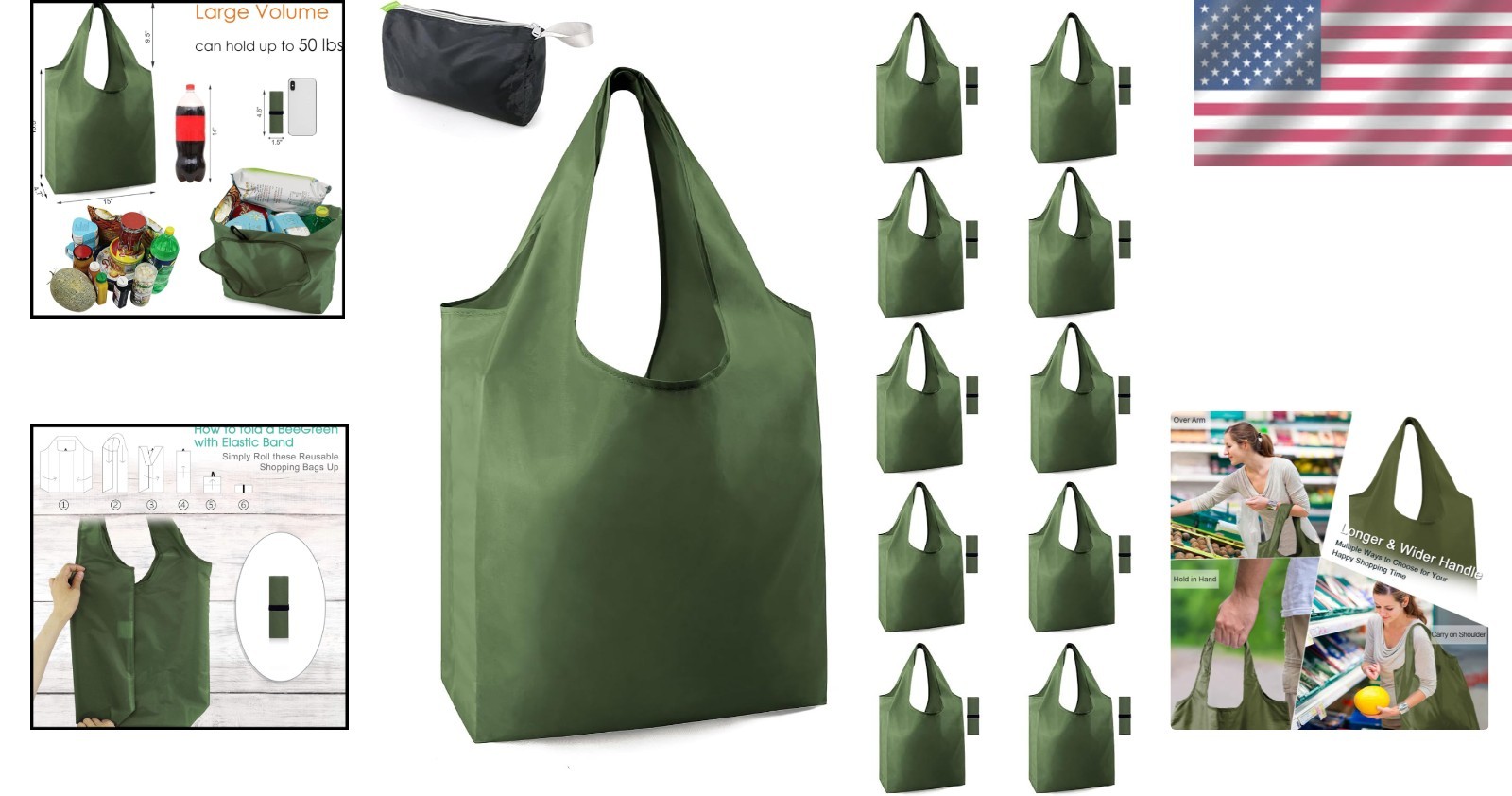 Reusable Grocery Bags Bulk 10 Pack Large 50LBS Polyester Folding Durable