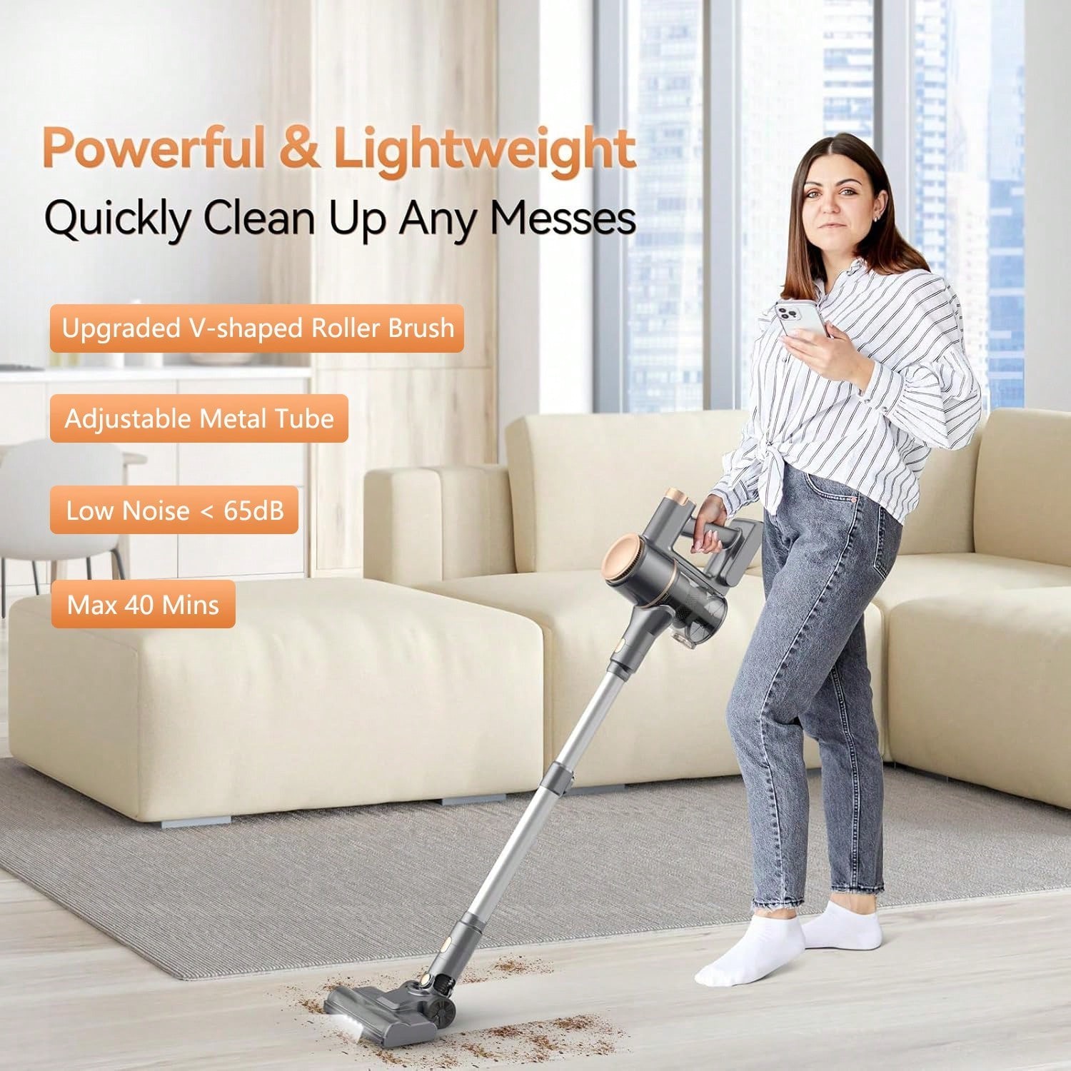 New Cordless Stick Vacuum 40-Min Runtime Self-Standing Gold 110V