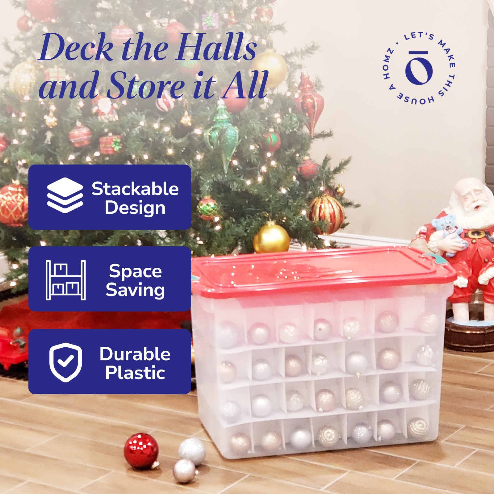 HOMZ 112-Quart Holiday Clear Plastic Ornament Storage, Red/Green, 2 Pack