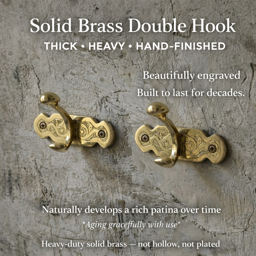Unlacquered Solid Brass Antique Engraved Double Wall Hook