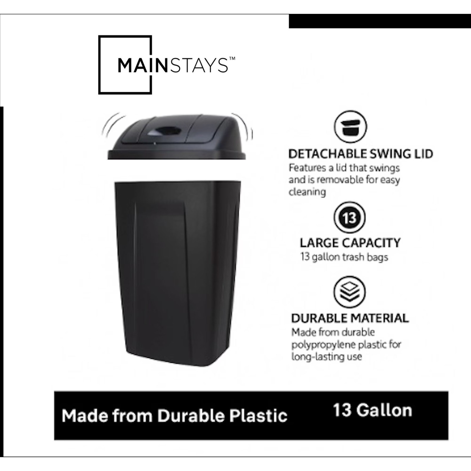 Mainstays Kitchen Trash Can, 13 Gallon Plastic Garbage Bin with Swing FREESHIPS