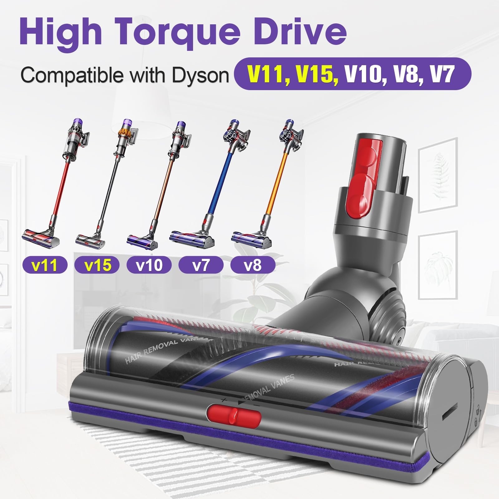 Motorized Floor Brush Head for Dyson V7 V8 V10 V11 V15 100W Anti-Tangle Roller
