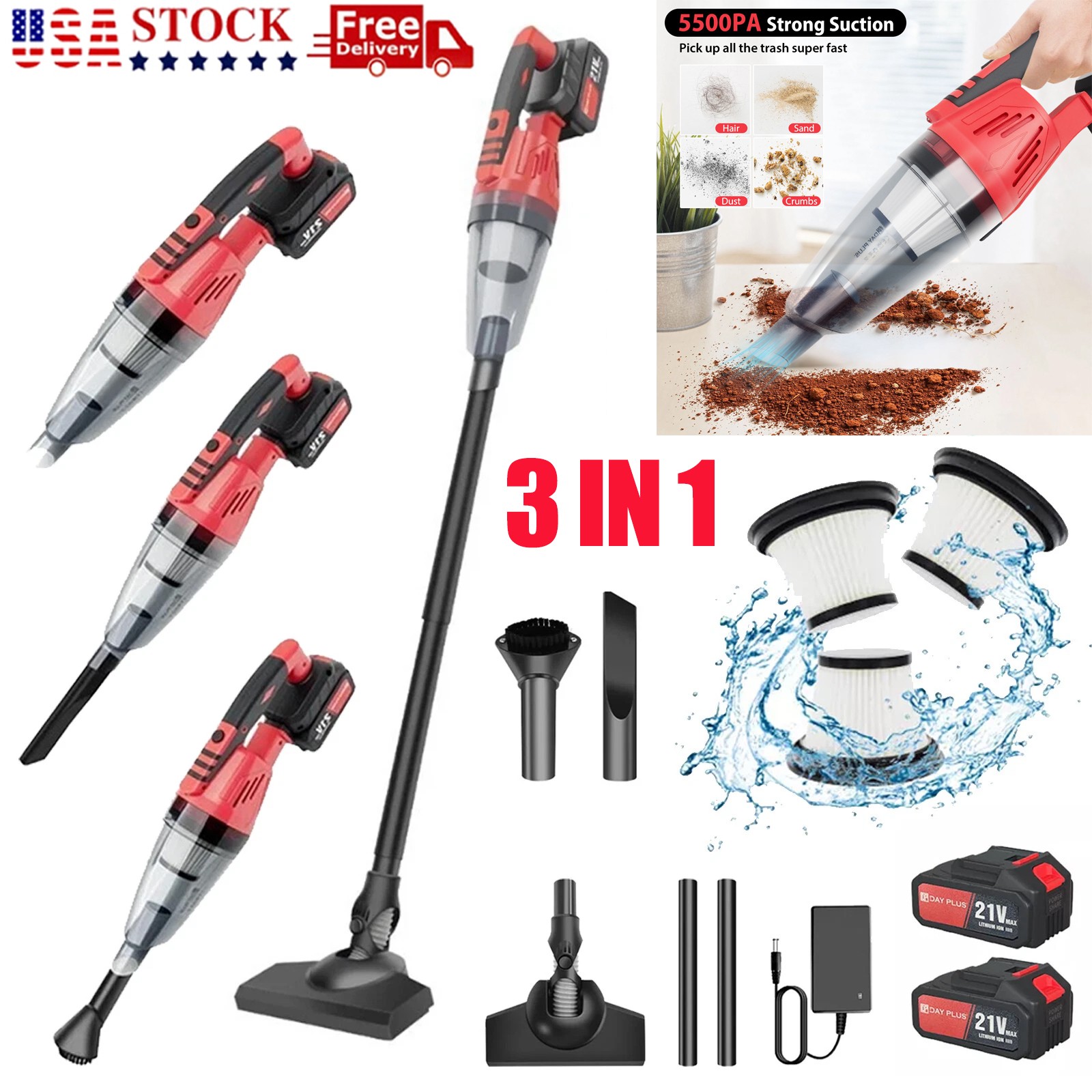 Cordless Vacuum Cleaner 3 in 1 Rechargeable Lightweight Stick Vacuum Cleaner LED
