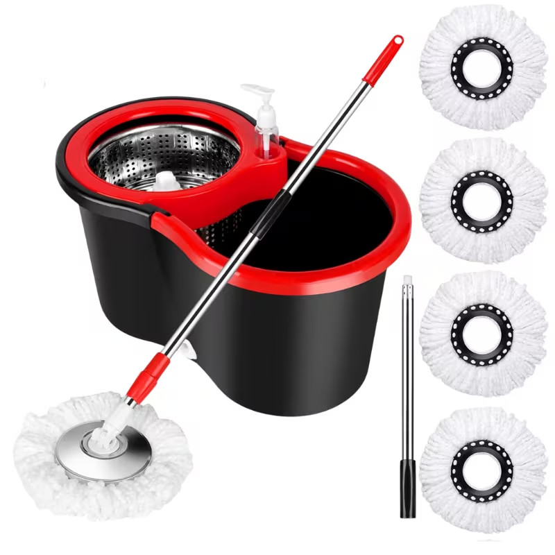 Spin Mop and Bucket with Wringer Set, 360° Spinning Mop System 4 Mop Refill