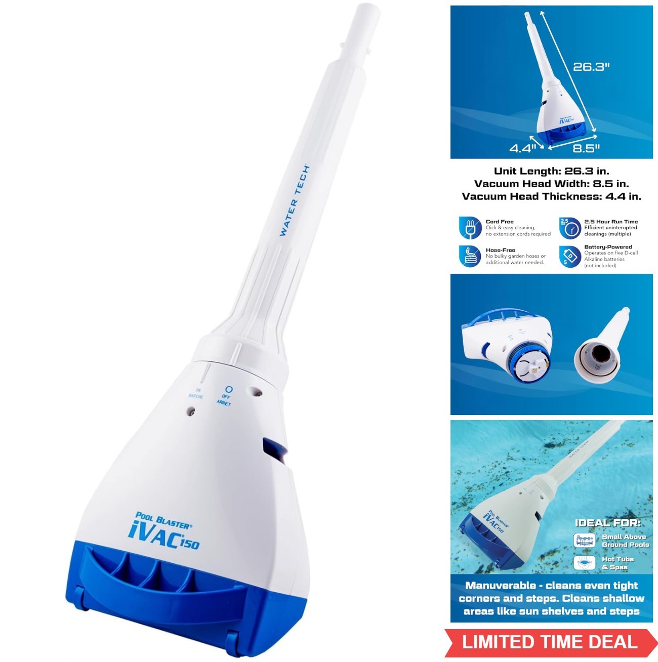 Cordless Hot Tub Vacuum 8.5 Inch Head 2.5 Hour Runtime Battery Powered Handheld