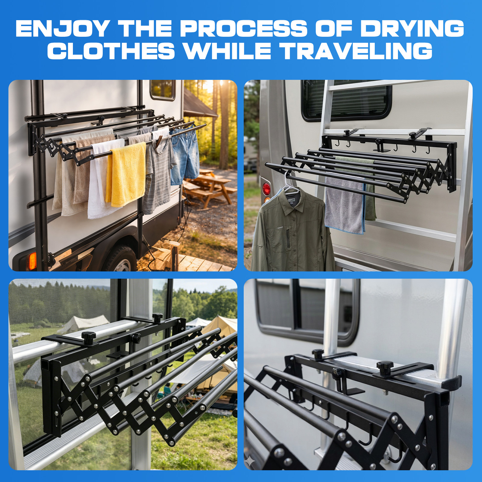 RV Clothes Drying Rack Foldable Laundry Hanger for Outdoor Travel, Camping, Boat