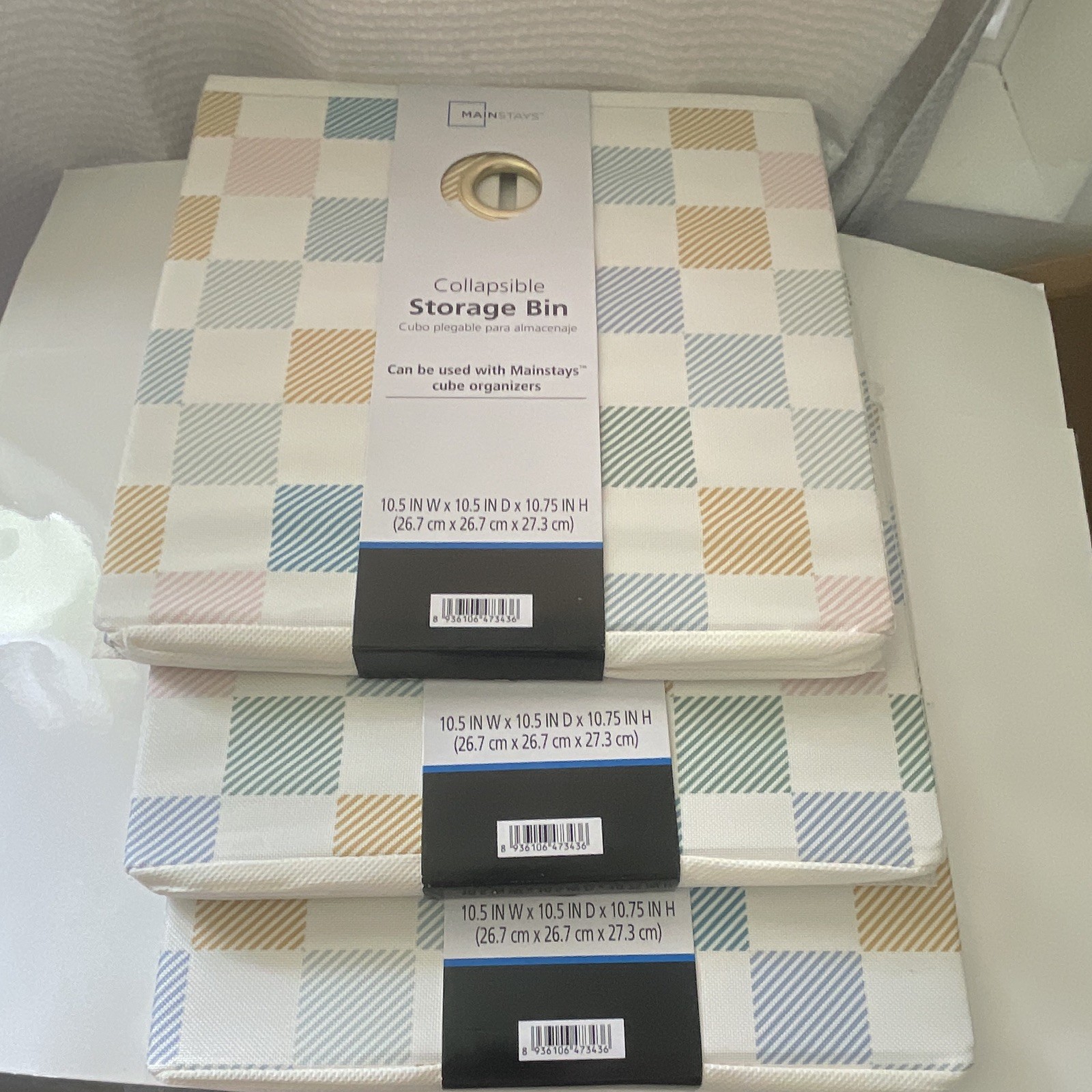 Mainstays Collapsible Storage Bin Square Check 10.5×10.5×10.75 Polyester 3-pack