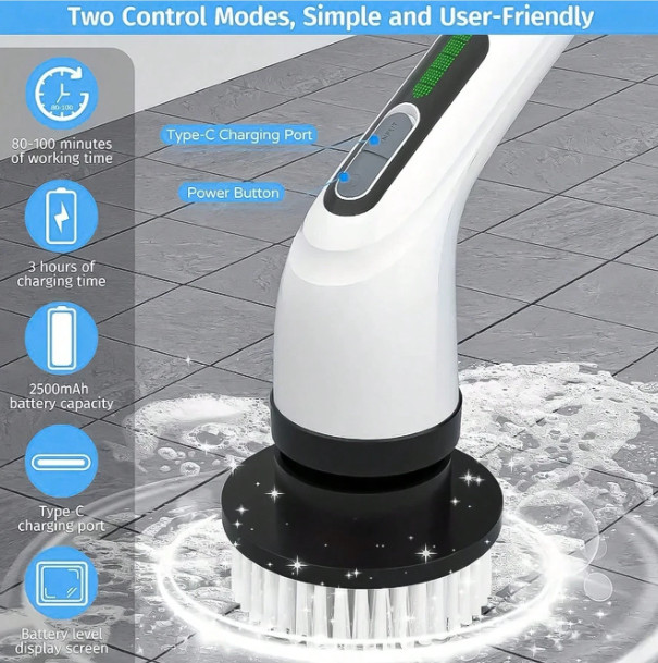 9-in-1 Power Cleaning Brush Set Adjustable Handle USB-C for Tubs, Tiles & Sinks
