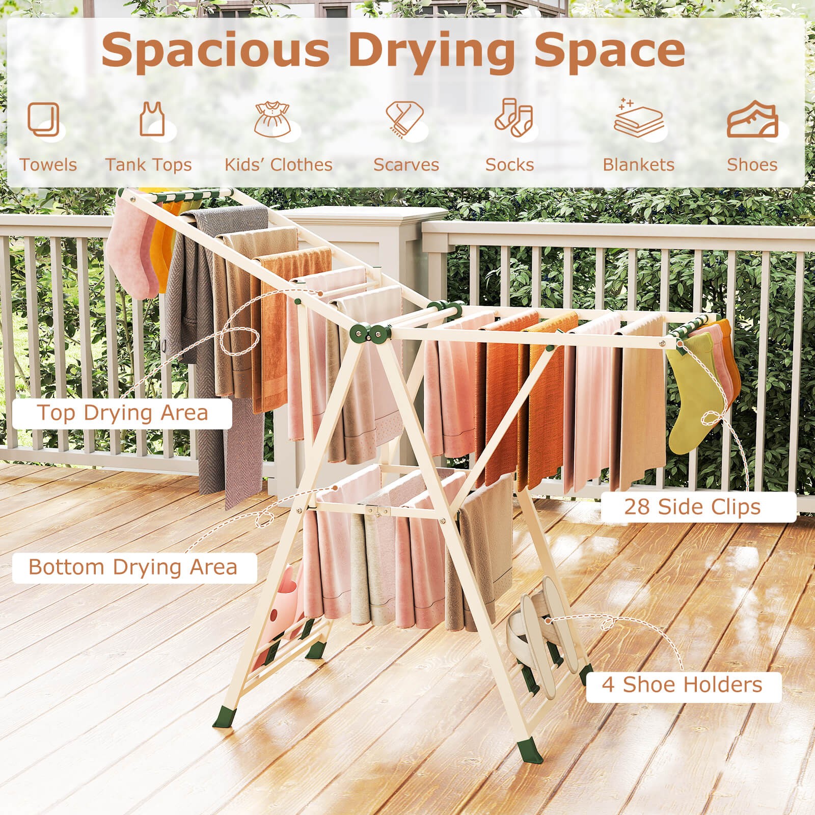 Foldable Metal Laundry Drying Rack w/Height Adjustable Wings, 16 Drying Rails