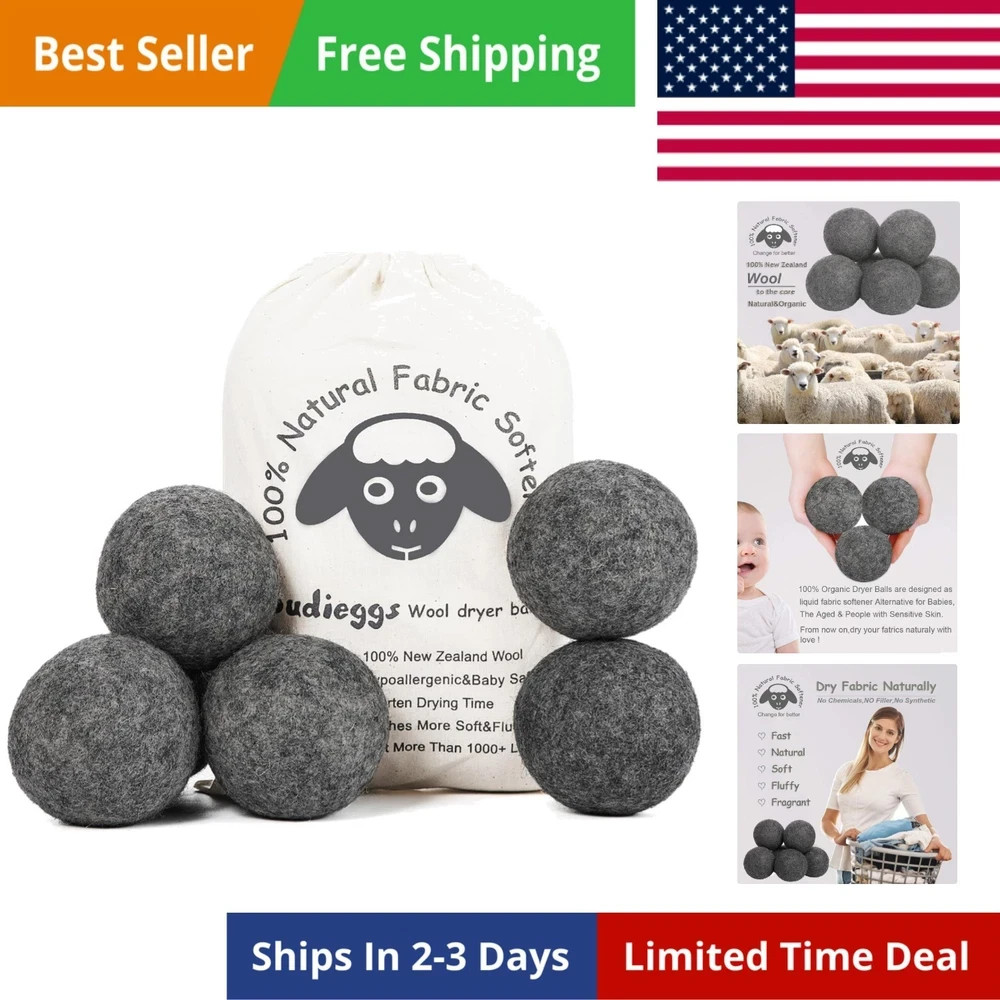 Wool Dryer Balls Dark Grey XL 6-Pack, 100% New Zealand Organic Fabric Softener f