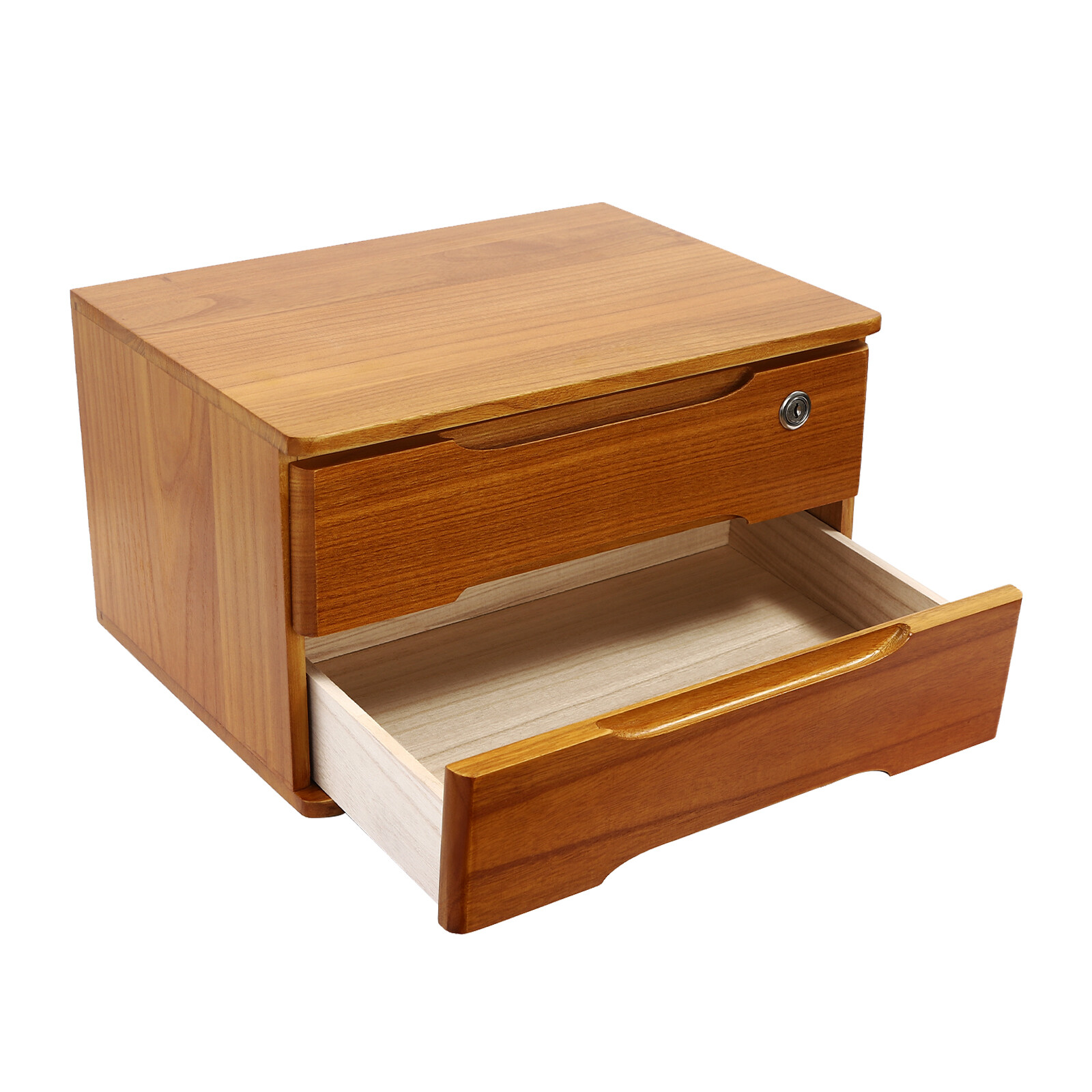 2 Tiers Wooden Tabletop Organizer Box Lockable Desktop Storage Cabinet w/Drawers