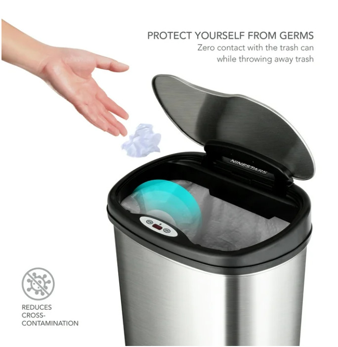 Nine Stars 13 Gallon Automatic Touchless Kitchen Trash Can, Stainless Steel