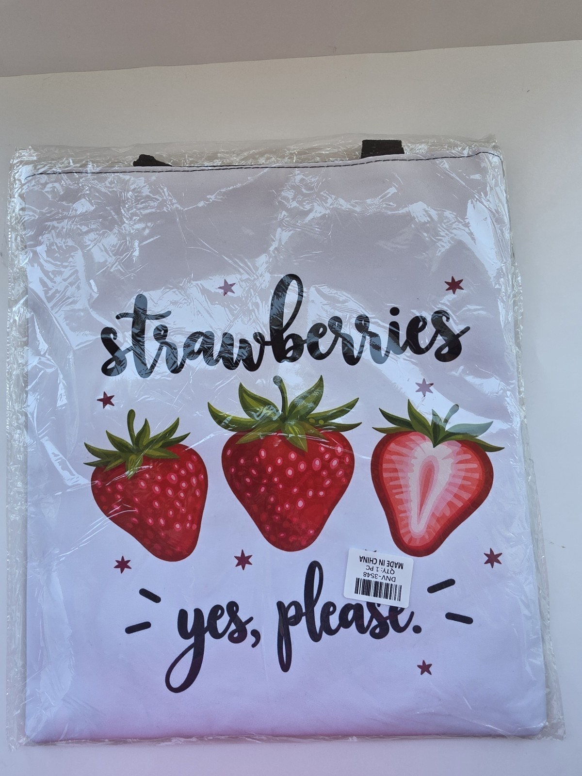 Strawberries Yes Please Large Reusable Tote Shopping Bag White/Black Handles 15L