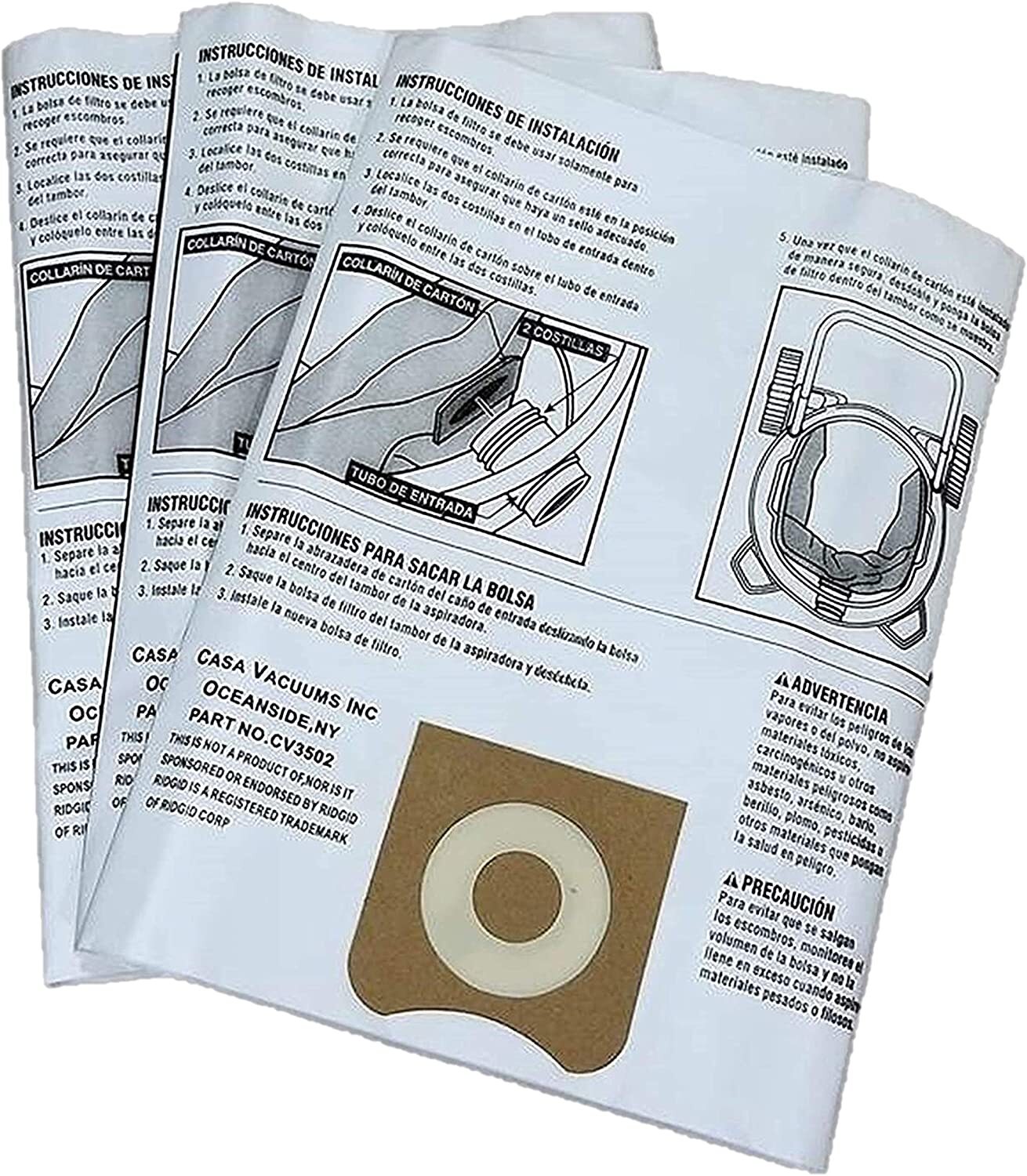 3 Hi Efficiency Bags for Ridgid VF3502 12-16 Gal Wet Dry Vacuum