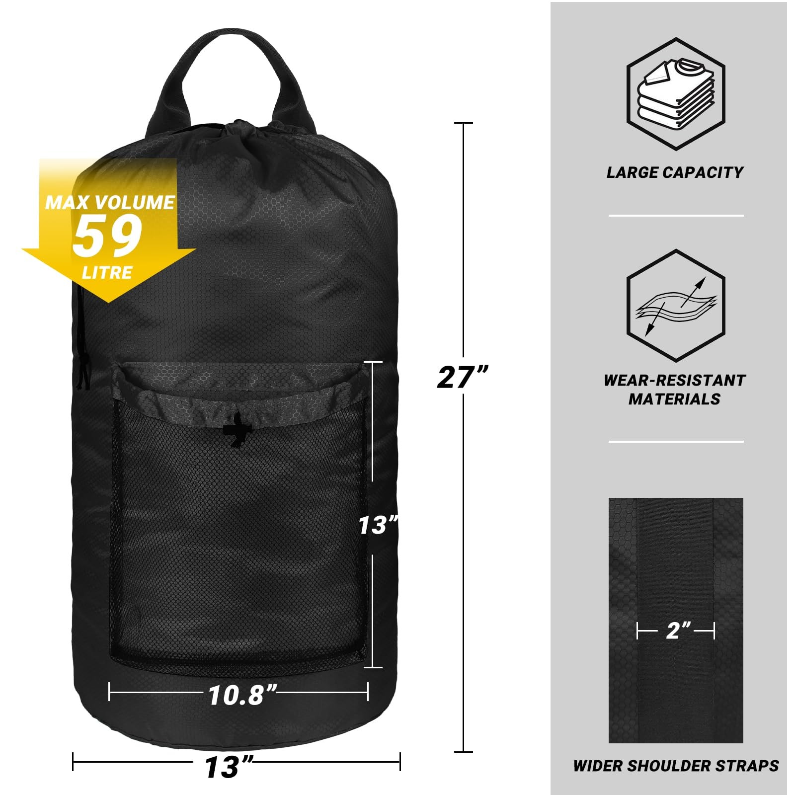 Laundry Bag with Shoulder Straps and Mesh 13″ x x 27″ inches, Black