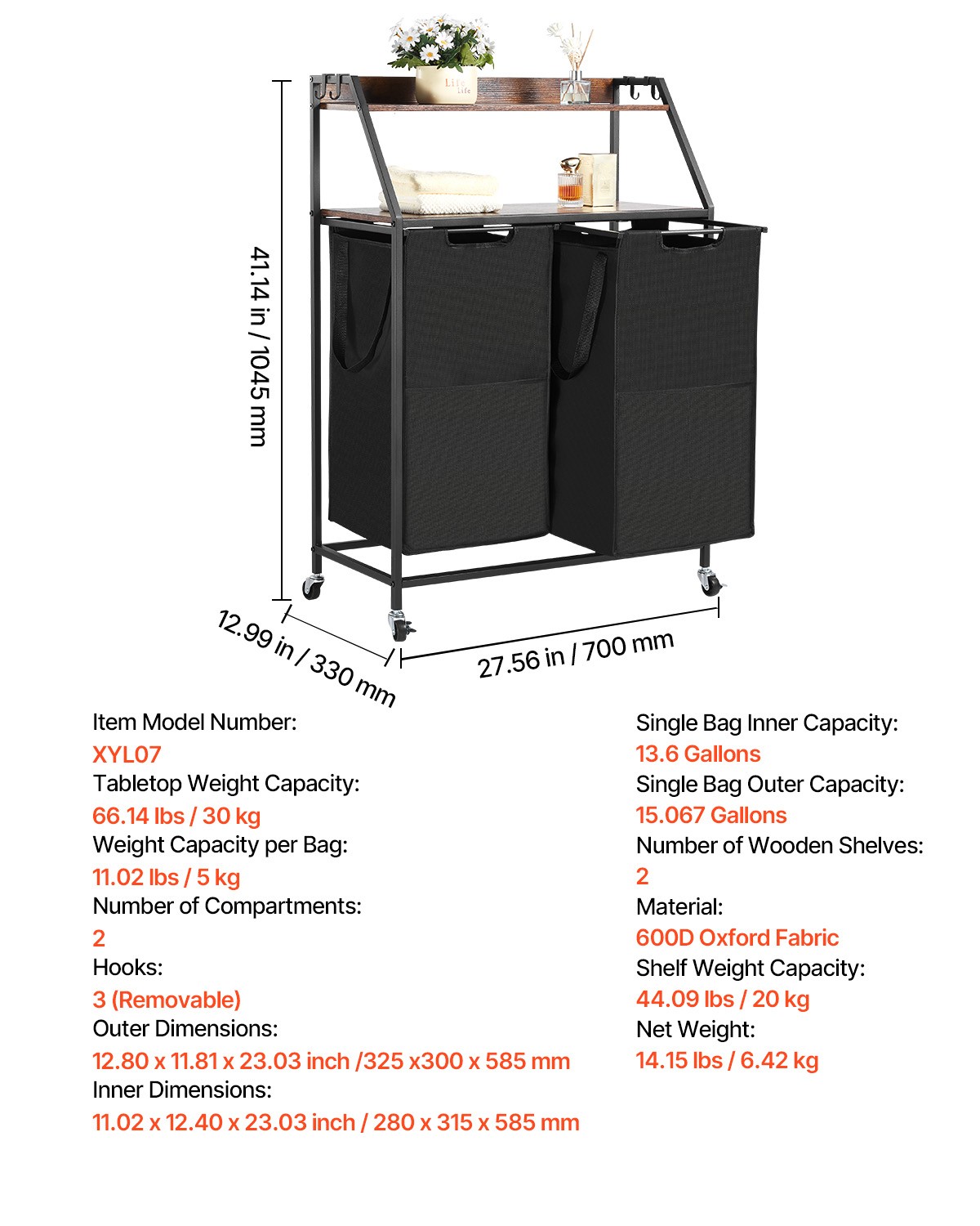 VEVOR 2 Tiers Laundry Sorter Tall Laundry Hamper with Wheels and Hooks 2 Section