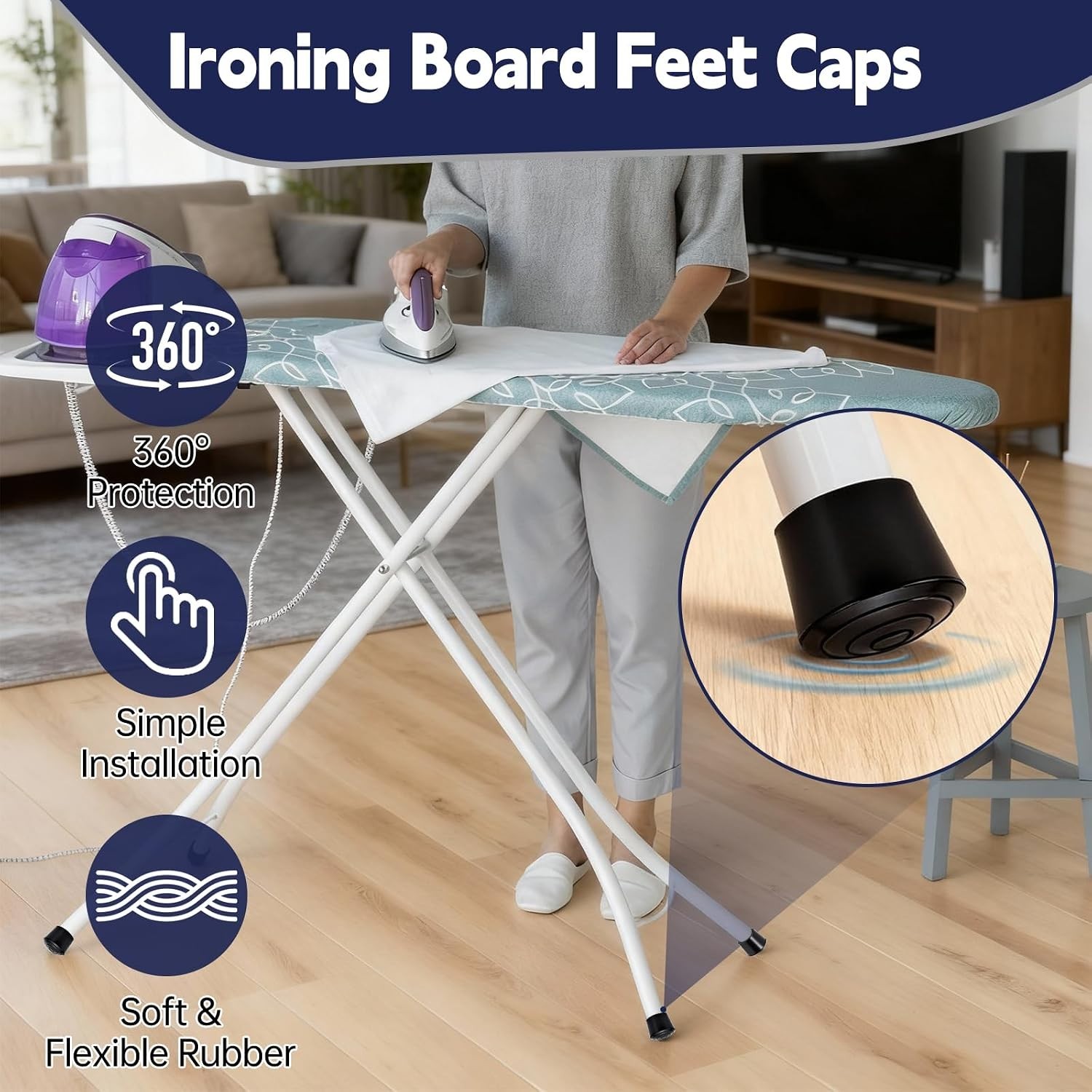 4 Pack Black Rubber Ironing Board Feet Caps – No-Slip, Easy Installation