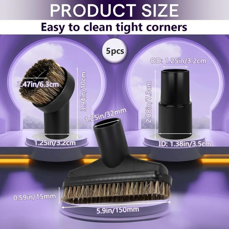 5 Pc Horsehair Vacuum Brush Set Shop Vac Floor Tool Attachment Accessories