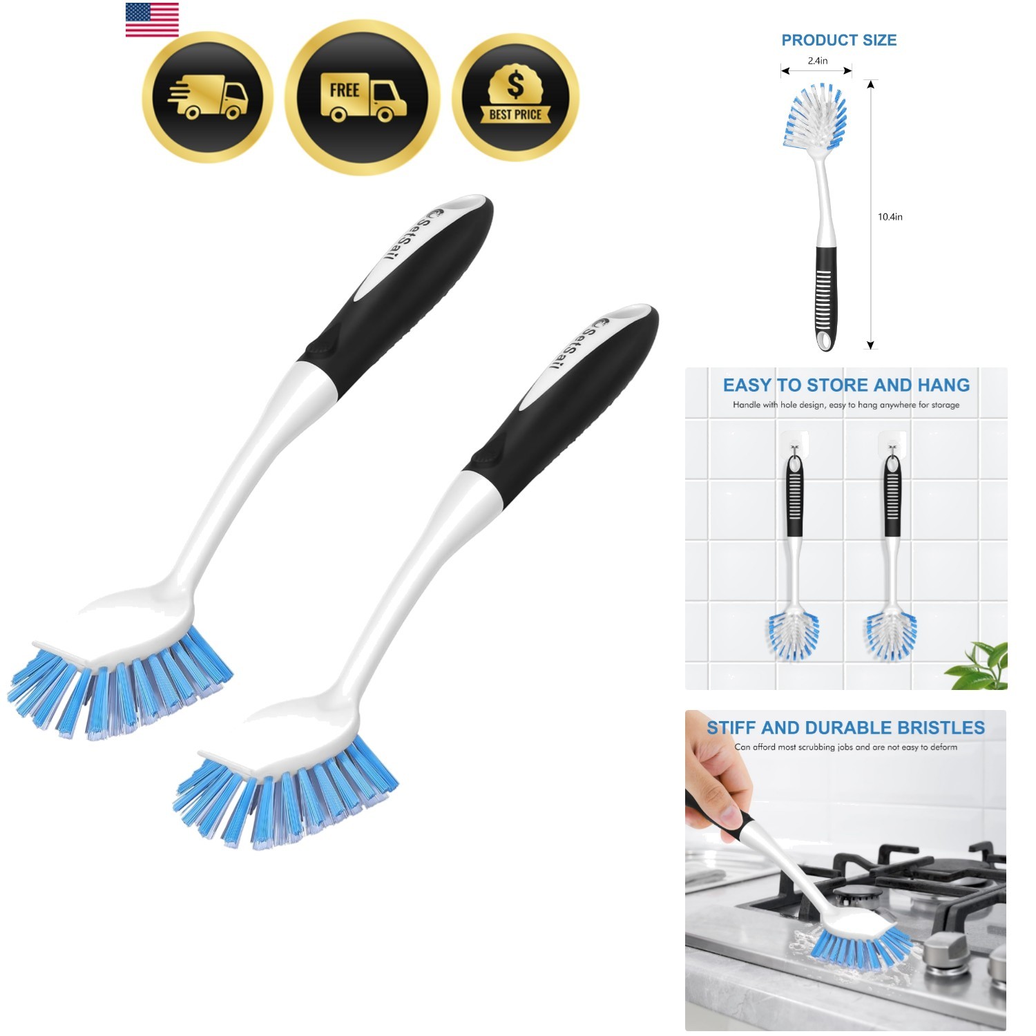 Dish Brush with Handle, 2 Pack Stiff Bristles Dish Scrubber with Built-in Scr…