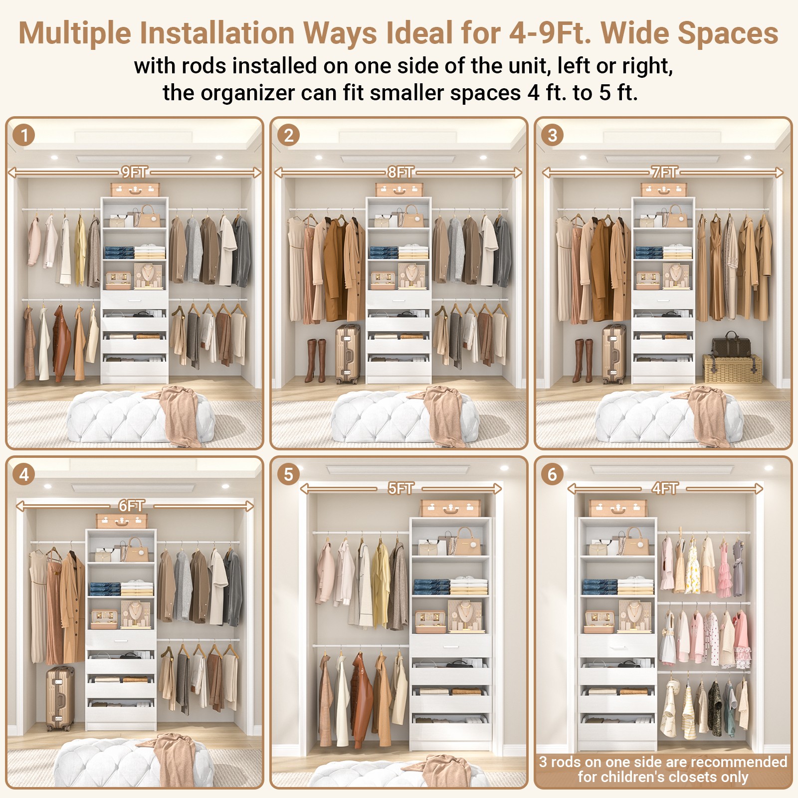 Used-Very Good 4-9Ft Walk-in Closet Organizer with Drawer and Hanging Rods White