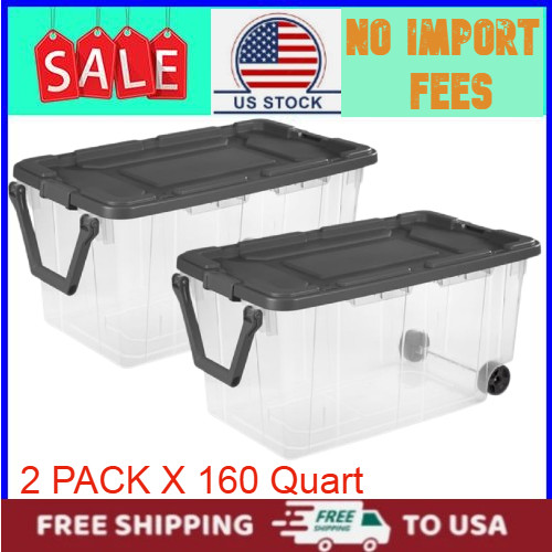 2Pack Sterilite 160 Quart Extra-Large Wheeled Storage Bin Clear Storage Contain