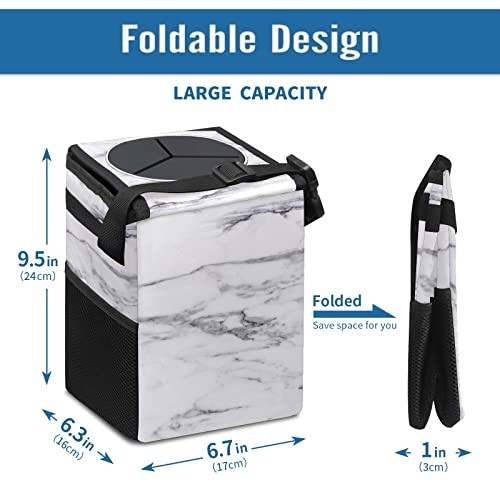 Black and White Marble Car Trash Can with Lid Collapsible Reusable Waterproof