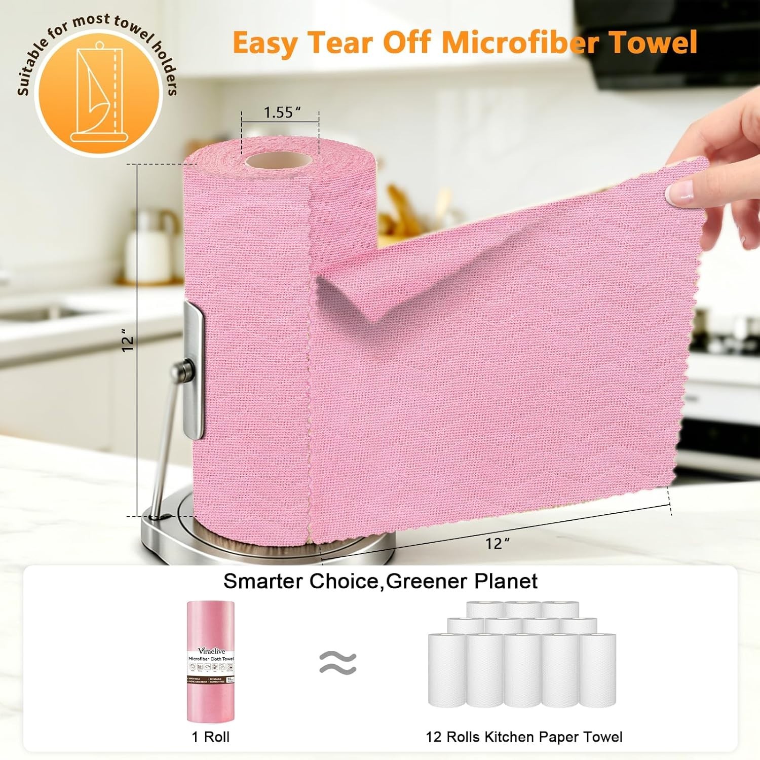 Microfiber Cleaning Cloth Roll, 50 Tear-Away Sheets, Reusable & Washable, Lin…