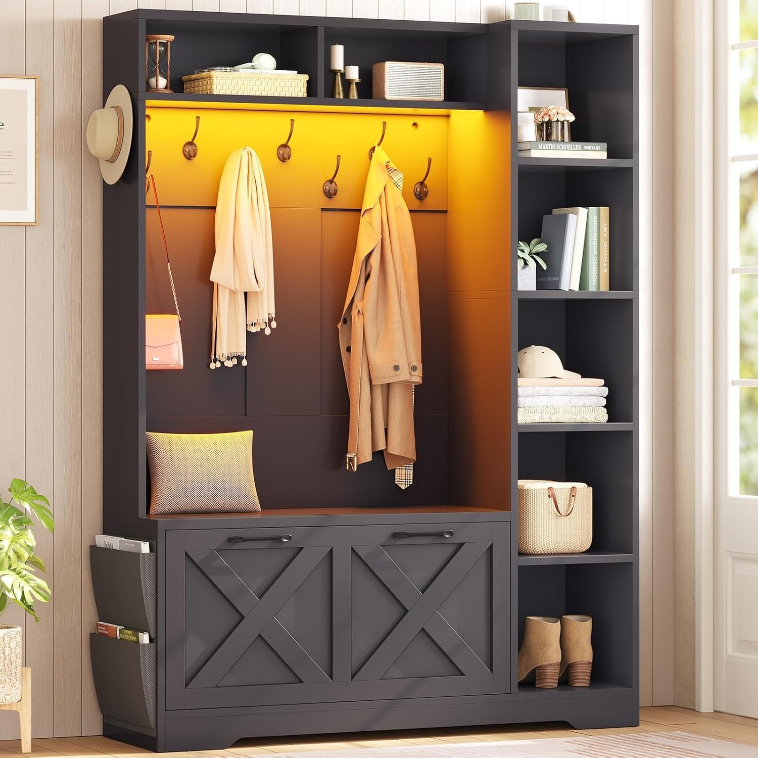 Hall Tree with Shoe Storage, Farmhouse Entryway Bench w/Flip Drawers &Led Lights