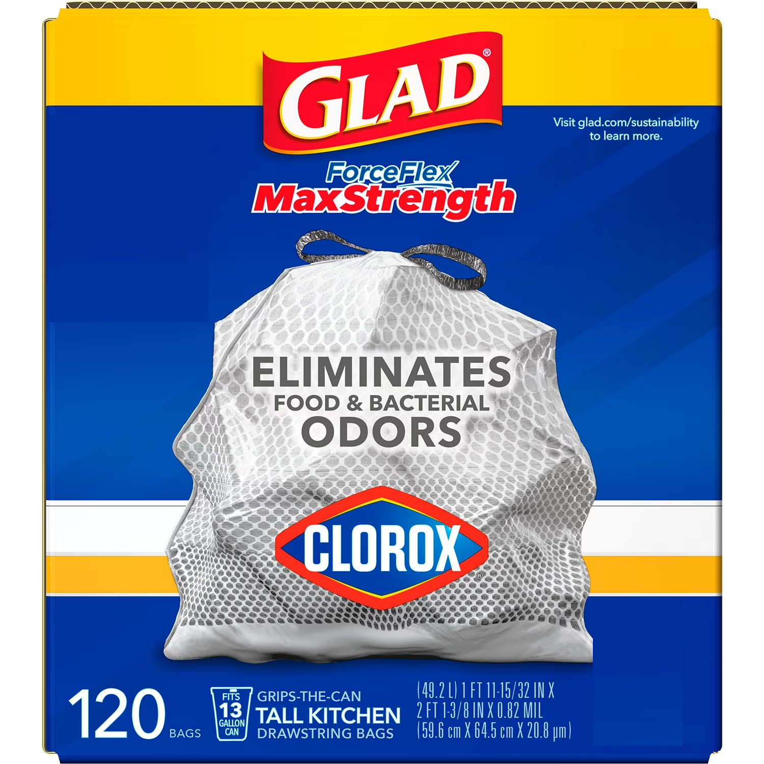 Glad ForceFlex Tall Kitchen Trash Bags With Clorox, Lemon Fresh Bleach Scent 13