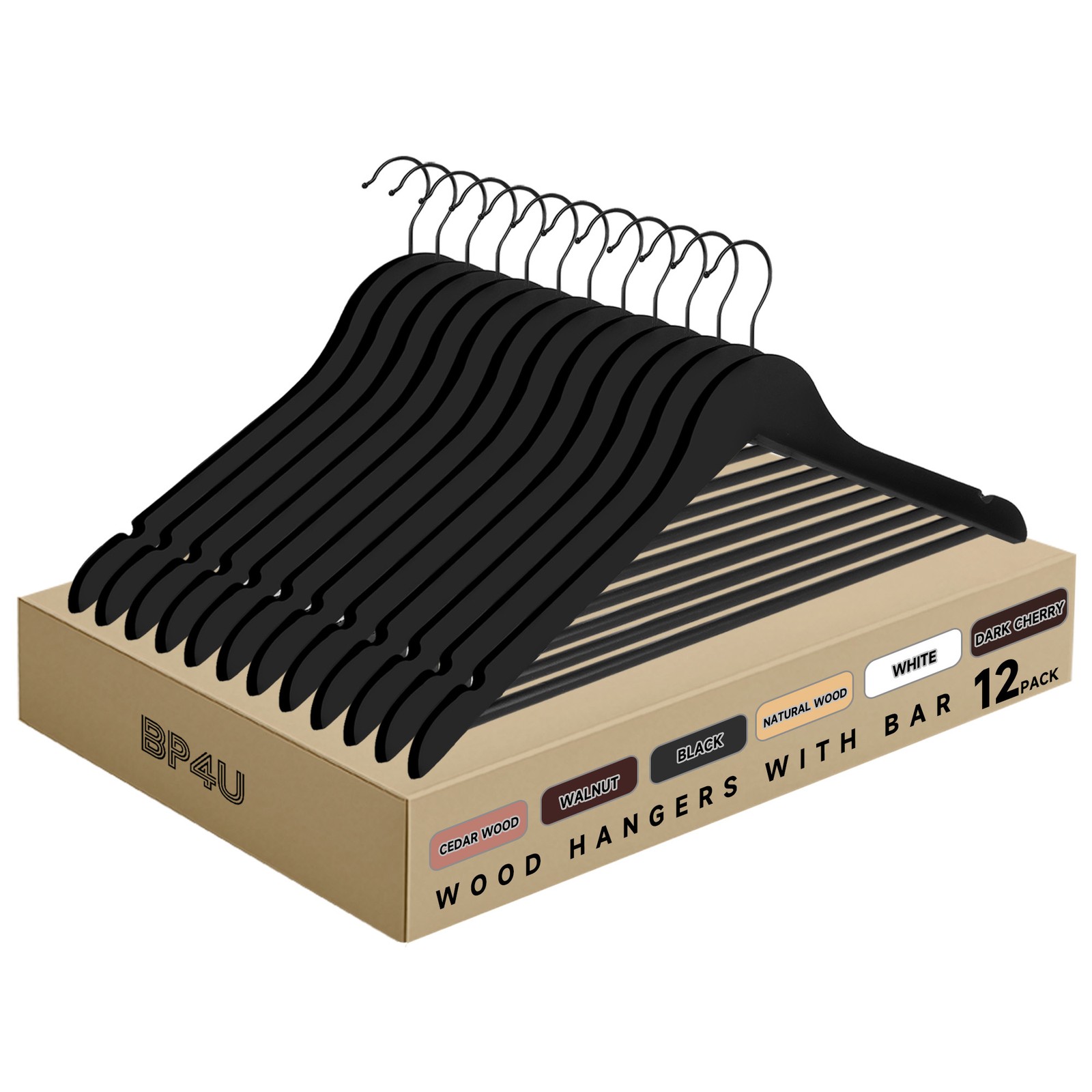 BP4U Wooden Clothes Hangers w/Pants Bar for Suits/Coats/Dress/Jackets/Dresses