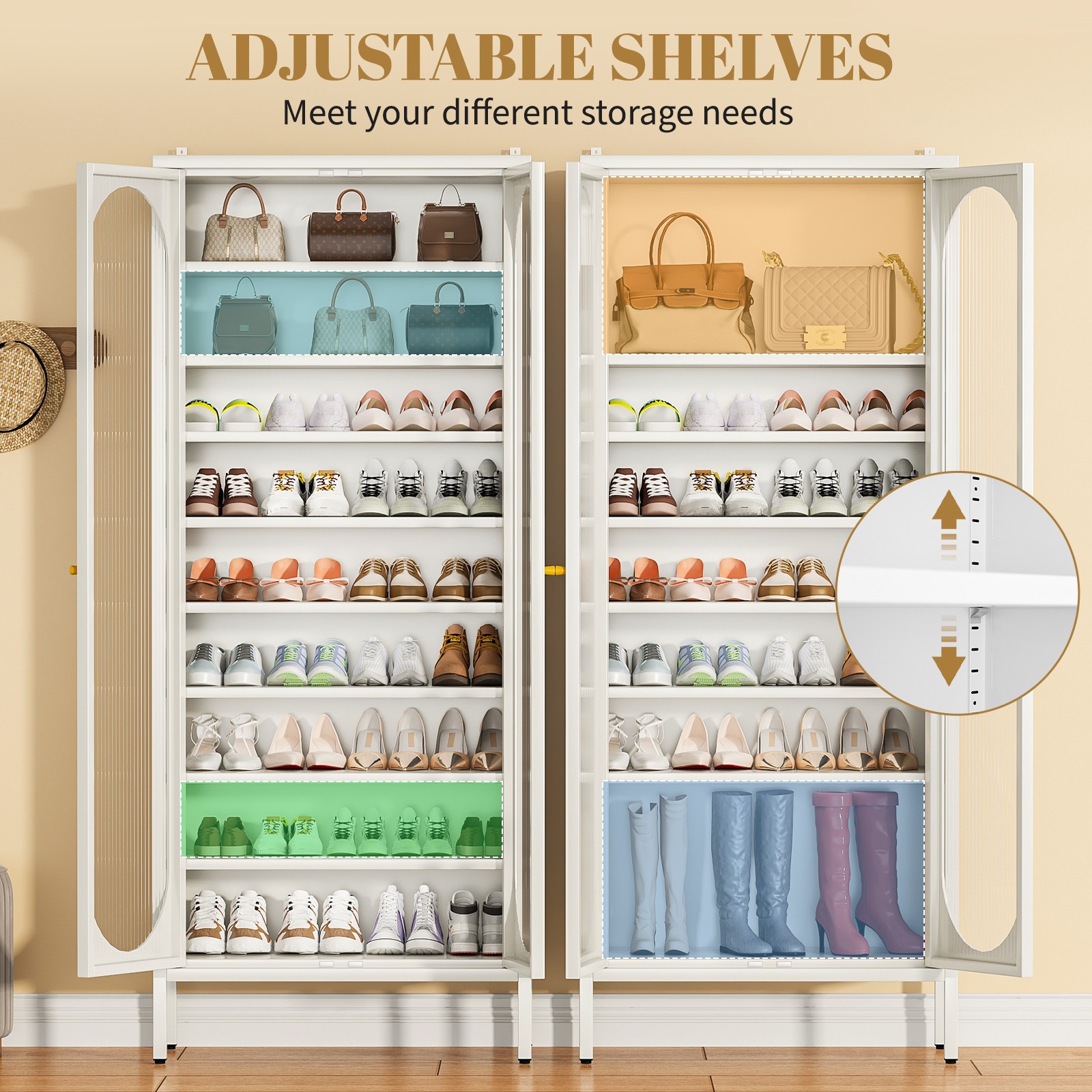 9-Tier Shoes Storage Rack w/ Fluted Doors 67″ Height Shoes Cabinet Steel Frame